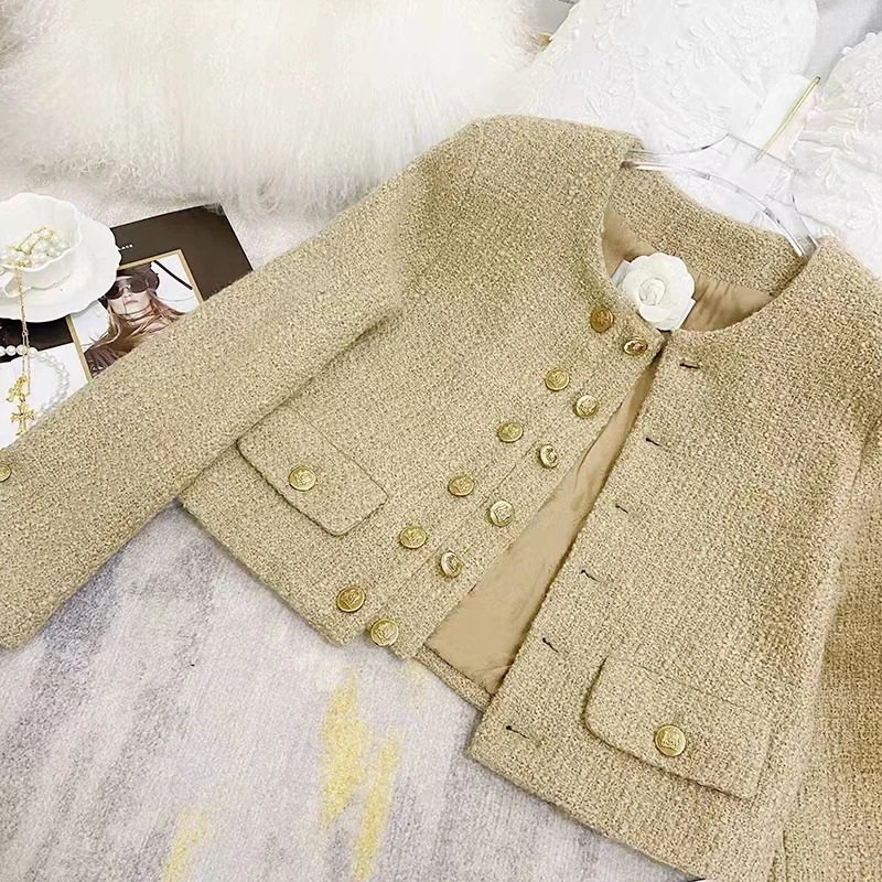 Womens DoubleButton Wool Tweed Jacket Short Temperament Small Fragrance Vintage Autumn and Winter 240226