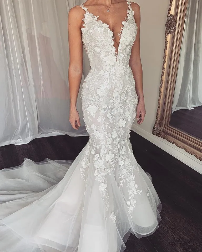 Dresses Mermaid Tulle D Ral Appliques Spaghetti Wedding Gowns Backless Sweep Train Vestidos De e