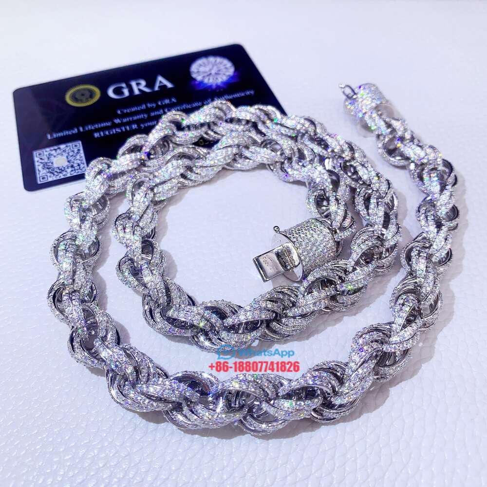 Drop Shipping White Gold 925 Sterling Silver 15mm Micro Pave Vvs Moissanite Diamond Rope Chain Necklace
