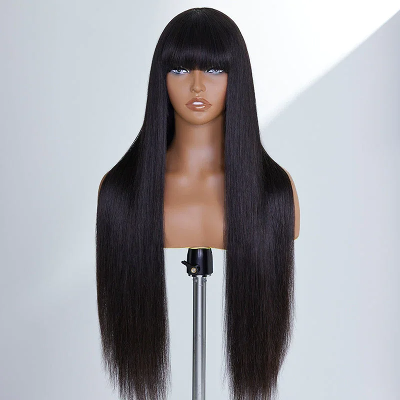 Straight with Bangs 100% Human Wig Without Glue Brazil Full hine Made Fringe Remy Hair Glueless Wigs