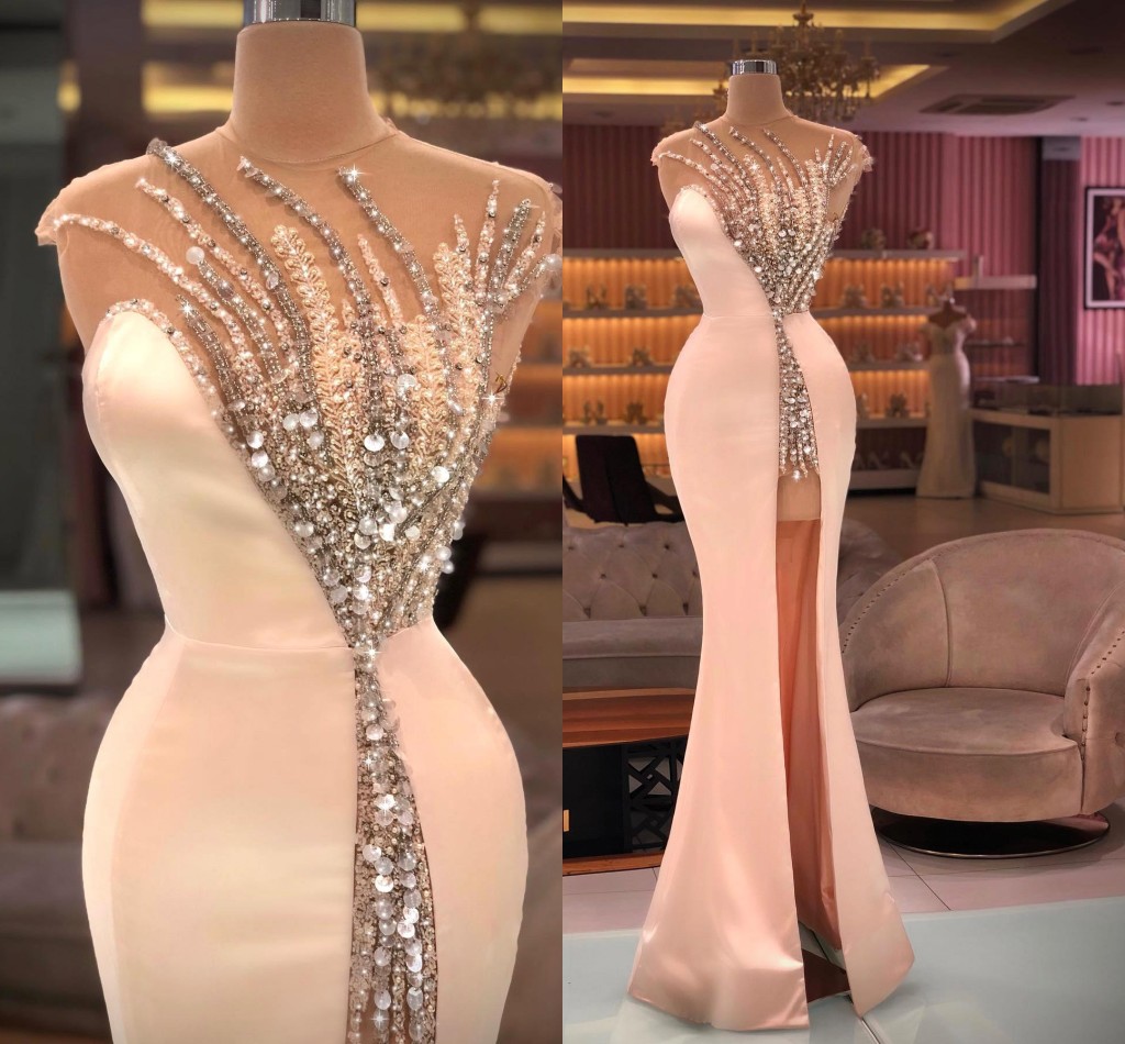 Stunning Pink Beadings Split Evening Dresses Mermaid Sheer Jewel Neck Appliques Sequins Long Satin Prom Gowns Women Party Ocn Vestidos Bc18353 6660312