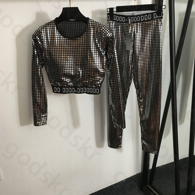 Gold Check Print Tracksuit Women Slim Long Sleeve Tights Fashion Stretch Leggings Sexy High Waisted Sweatpants