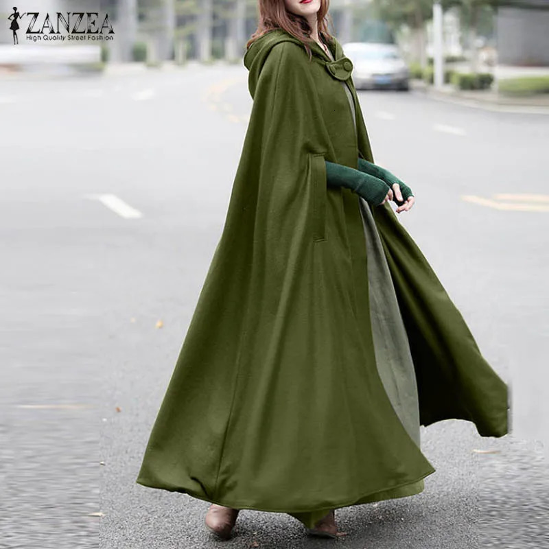Stylish Long Cape Cloak ZANZEA Women Hooded Wool Blend Cloak Coat Autumn Hoodies Poncho Warm Cosplay Jackets Outwear Windbreaker 240309
