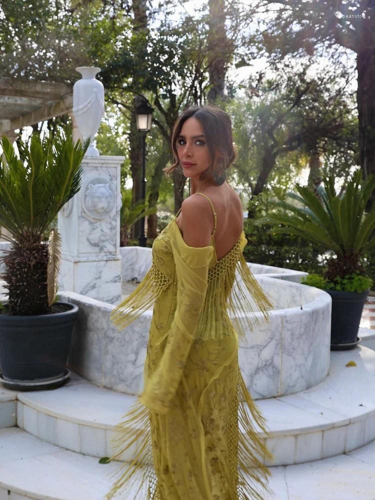 Casual Dresses Spring Elegant Green Tassel Irregular Print Dress Women V-neck Long Sleeve Spaghetti Vestidos Female Fashion High Street Robe