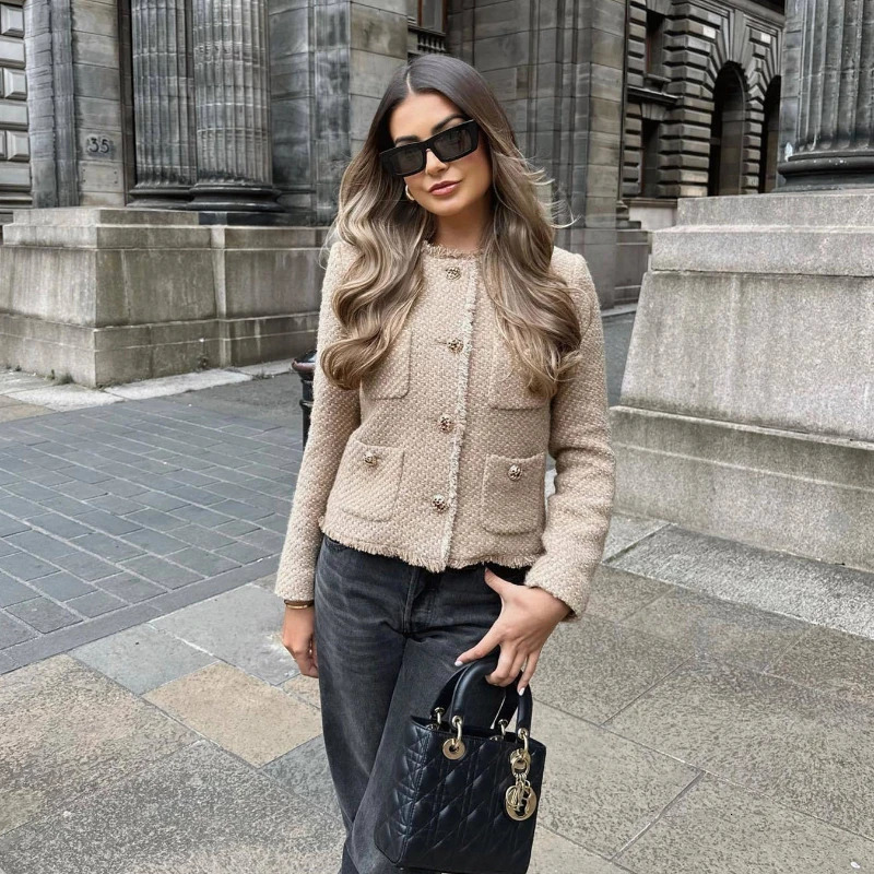 TRAF Womens Jacket Coat Tweed Cropped in Outerwears Autumn Winter Crop jacket Woman Long Sleeve Elegant Short Coats 240307