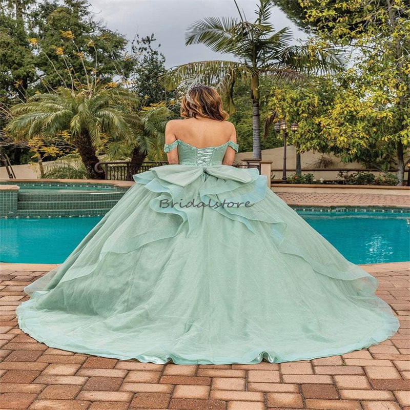 Gorgeous Green Vestidos De 15 Anos Quinceanera 2024 Princess Off Shoulders 3D Florals Sixteen Birthday Dress Elegant Pageant Vestido De Xv Para Sweet 