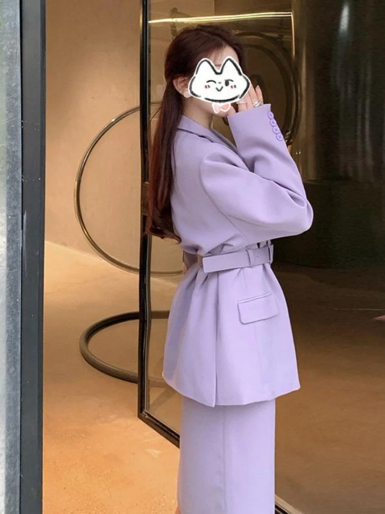 Skirt and Blazer Set Fashion Casual Long Sleeve Top Elegant Womens Sets Purple Blazers Coats Two Piece Women Suits 240226