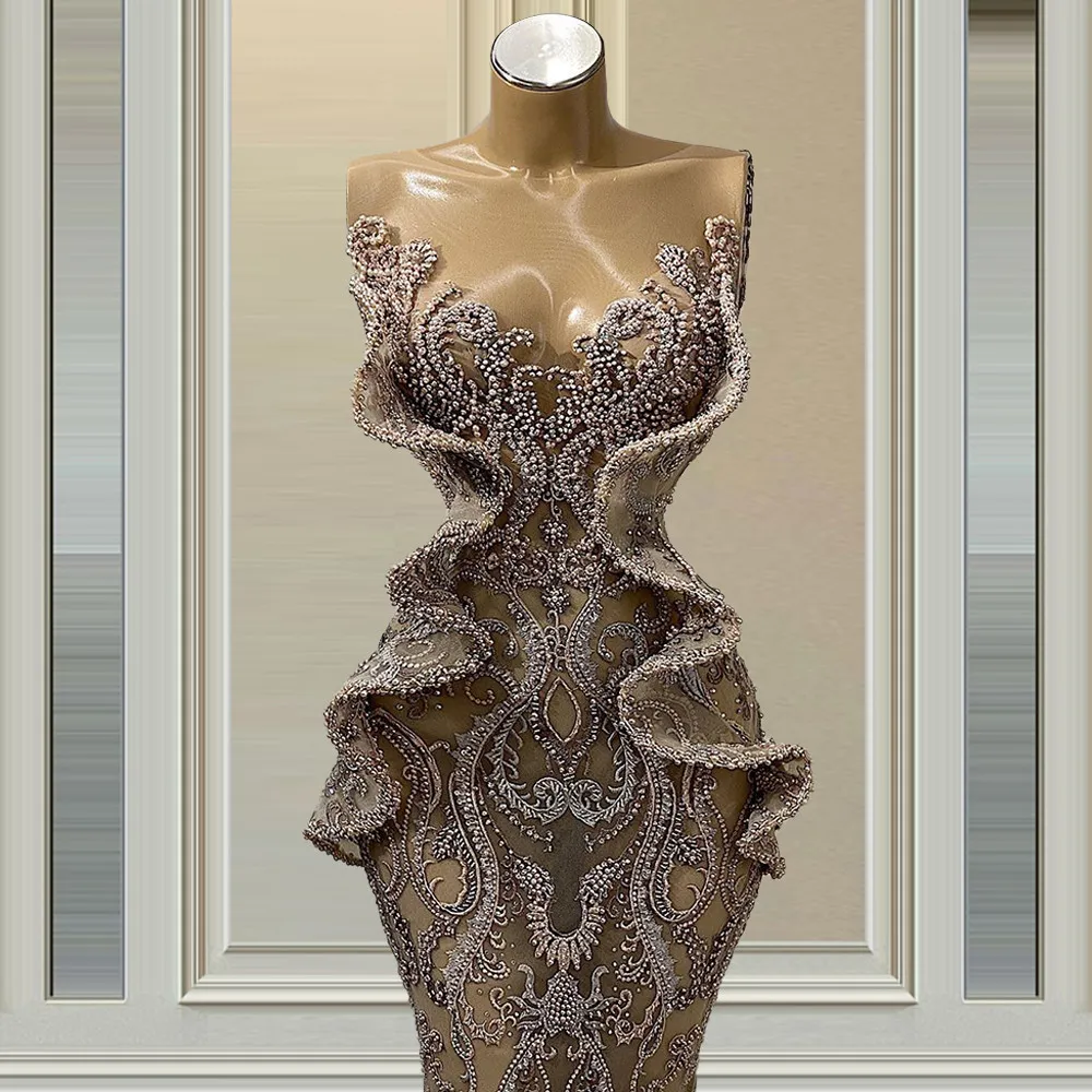 Beading Mermaid Evening Dresses Lace Appliqued Crystal Sheer Jewel Neck Prom Dress Saudi Arabia Robe De Soiree Lz0304