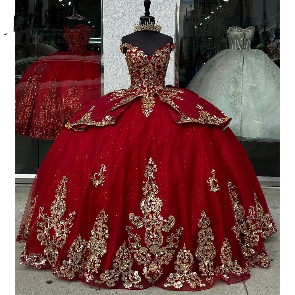 Princess Red Dresses 2024 Off Shoulder Puffy 3D Floral Applique Boning Corset Vestidos De 15 Quinceanera