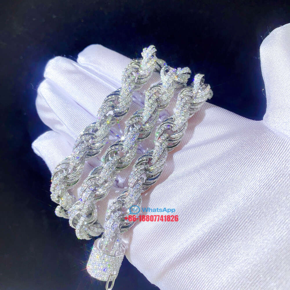 Drop Shipping White Gold 925 Sterling Silver 15mm Micro Pave Vvs Moissanite Diamond Rope Chain Necklace