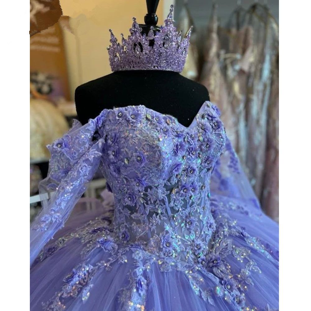 2024 Lilac Lavender Quinceanera Dresses Off Shoulder Long Sleeves Lace Appliques Crystal Beads Tulle Ruffles Ball Gown Guest Dress Evening Prom Gowns 