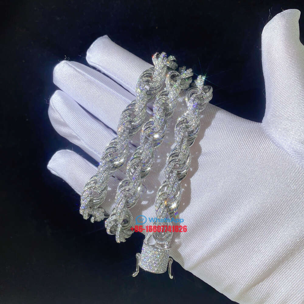 Drop Shipping White Gold 925 Sterling Silver 15mm Micro Pave Vvs Moissanite Diamond Rope Chain Necklace