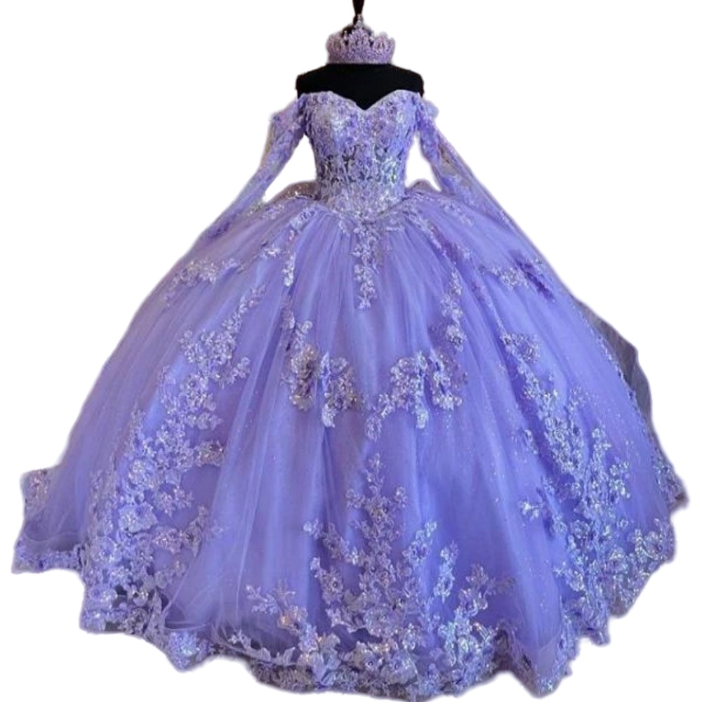 2024 Lilac Lavender Quinceanera Dresses Off Shoulder Long Sleeves Lace Appliques Crystal Beads Tulle Ruffles Ball Gown Guest Dress Evening Prom Gowns 