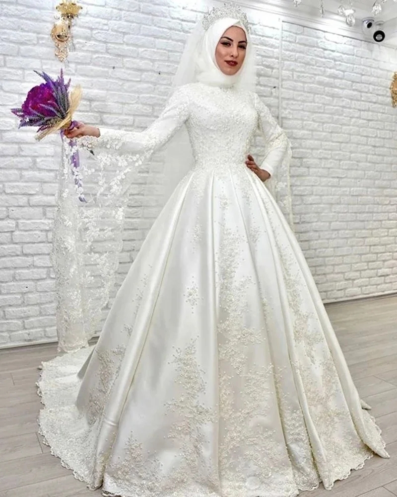 Saudi Arabia Muslim Wedding Dresses With Long Sleeves High Collar Lace Beaded Elegant Satin A e Bridal Gowns Sweep Train Women Bride Vestidos De Novia