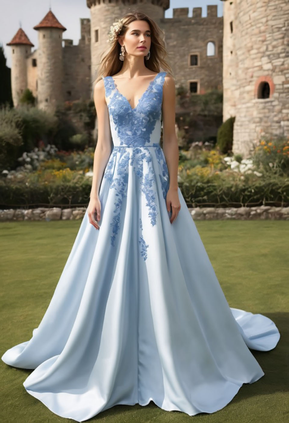 Prom Dresses Party Evening Gown Formal Sleeveless Custom Zipper Lace Up Plus Size New A Line Satin Applique V-Neck Light Blue
