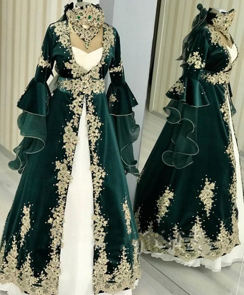 Elegant Arabic Dark Green Velvet Evening Dresses With Gold Lace Appliques Crystals Beaded Flare Long Sleeves Moroccan Kaftan Turkish Formal Party Gown