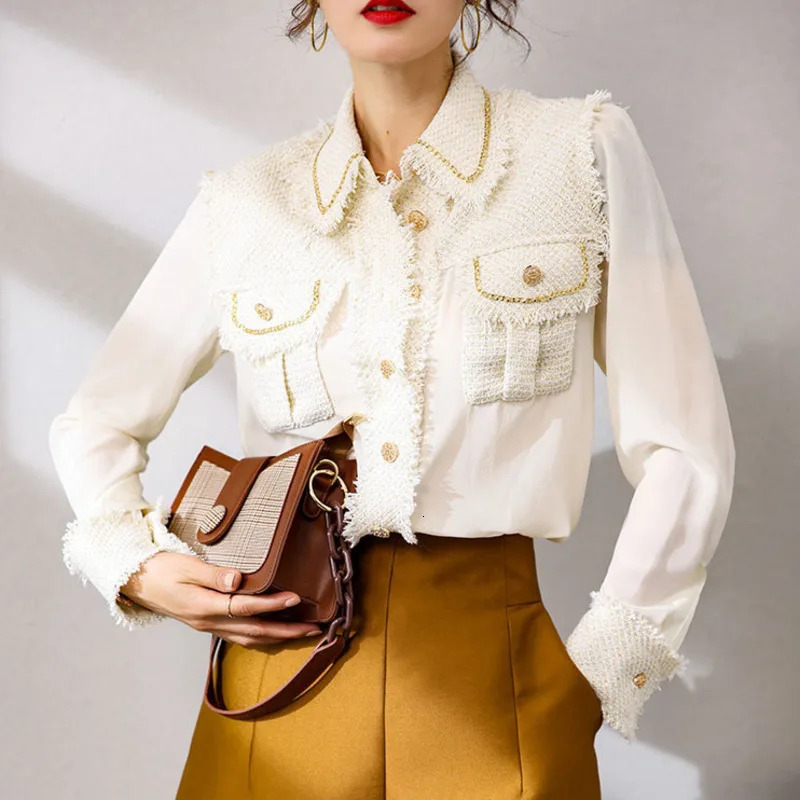 Spring Summer Tweed Patchwork Chiffon Shirt Blouse Women Vintage Long Sleeve Gold Chain Pearls Weave Tassels Pocket Tops 240301