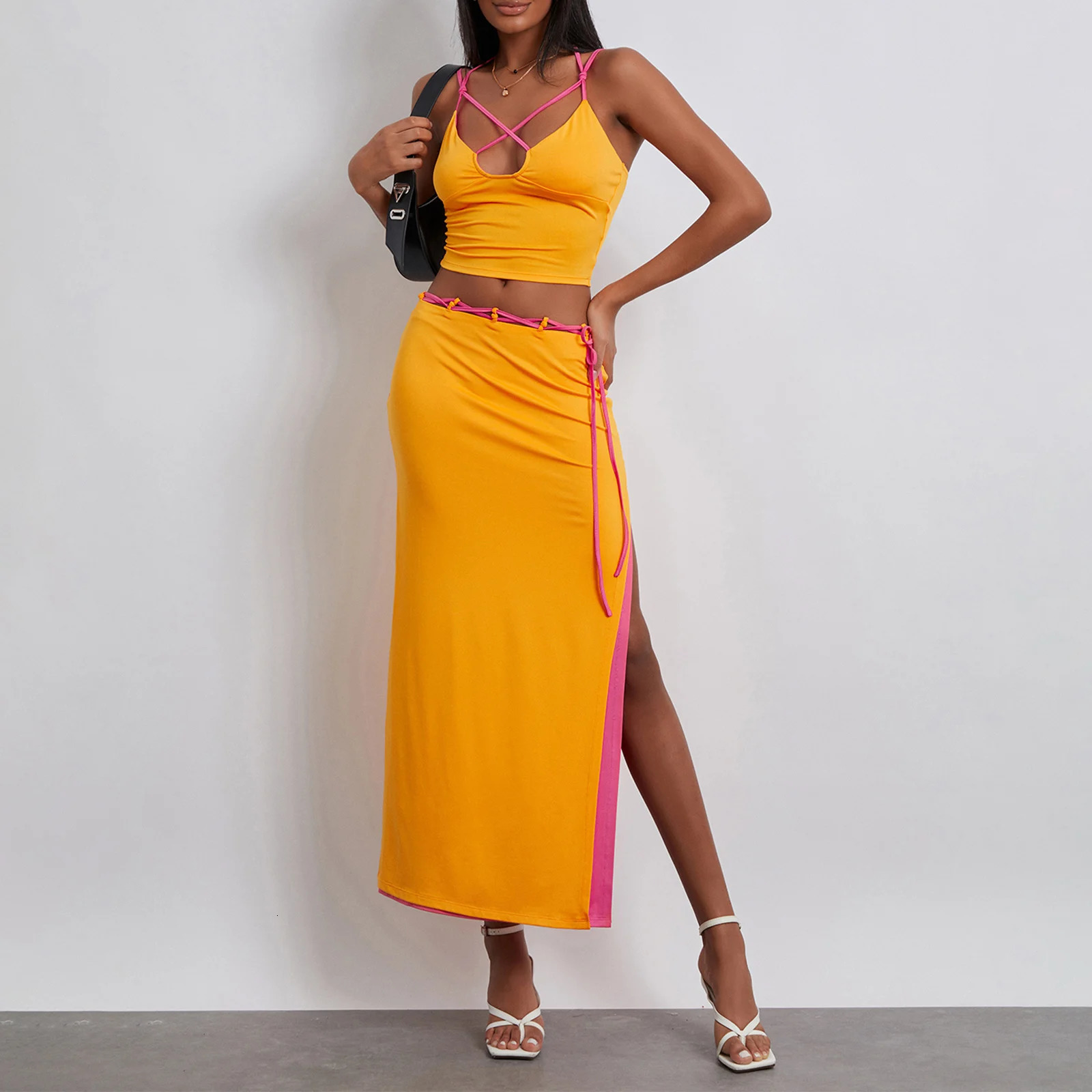 Womens Two Piece Summer Outfits Sleeveless Spaghetti Strap Halter Tops and Long Skirt Set Beachwear 240229