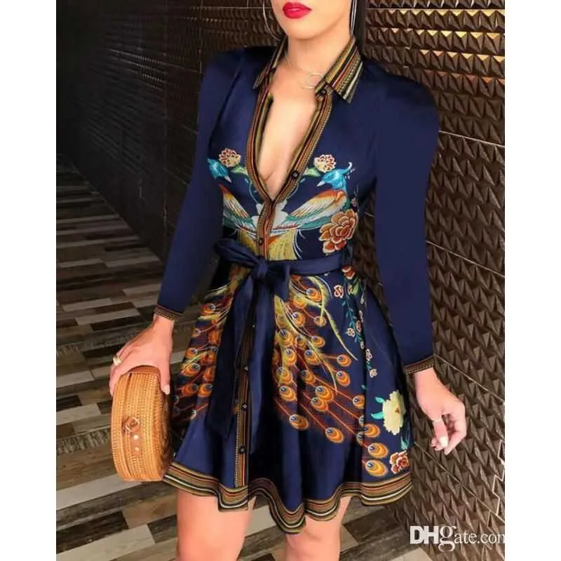 Plus Size Bandage Shirt Womens Lace-Up Button Down Chain Print Lapel Neck Party Dress 3XL Spring Summer Fall Fashion C260311
