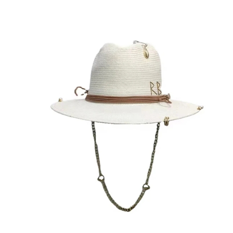 Women's Chain Straw Hat French Hat Letter Accessories Lafite Grass Summer Stripe Sun Hat Punk Style Straw Hat