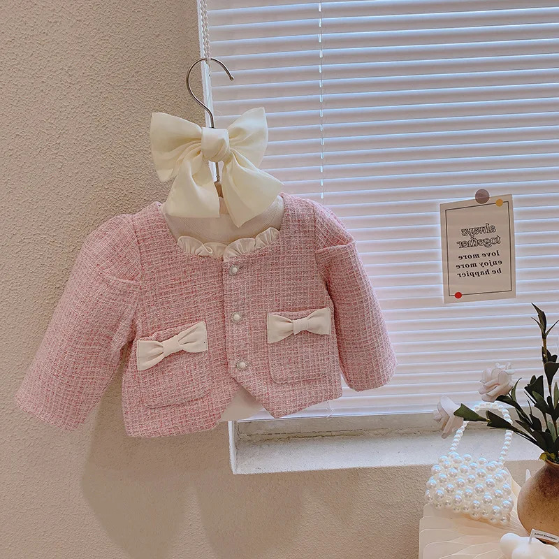 Toddler Girl Tweed Outfit Kids Winter Autumn Long Sleeves Princess Pink Skirt Sets Bow Jacket Skirt Suit Birthday Party Clothes 240227