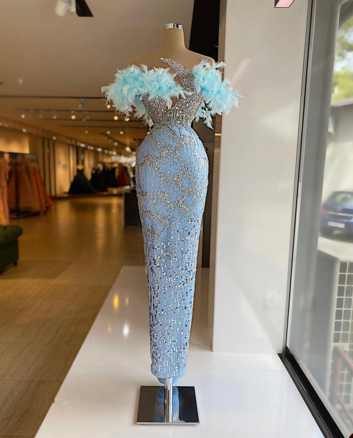 Sexy Blue Mermaid Prom Dresses Feather Off Shoulder Beads Birthday Party Evening Gowns Robe De Bal Sweep Train