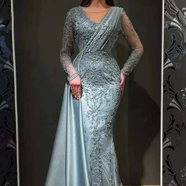 Arabic Dubai Turkish Long Sleeves Women Evening Dresses Mermaid V Neck Overskirts Ruched Satin Formal Occasion Party Gowns Embroidery Lace Beaded Vest