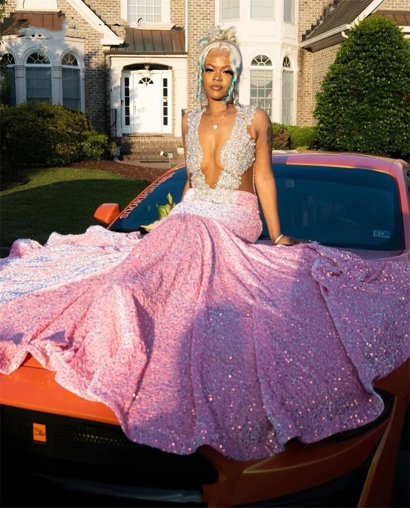 Pink Prom Dress For Black Girls Sparkly Crystal Rhinestones Beading Sequins Birthday Party Homecoming Gown