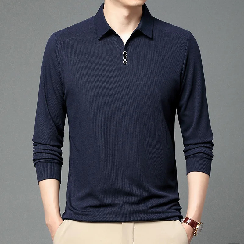 2023 Business Office Fashion PoloNeck Mens Shirt Autumn Winter Casual Allmatch Solid Color Long Sleeve Tshirt Male Clothes 240304