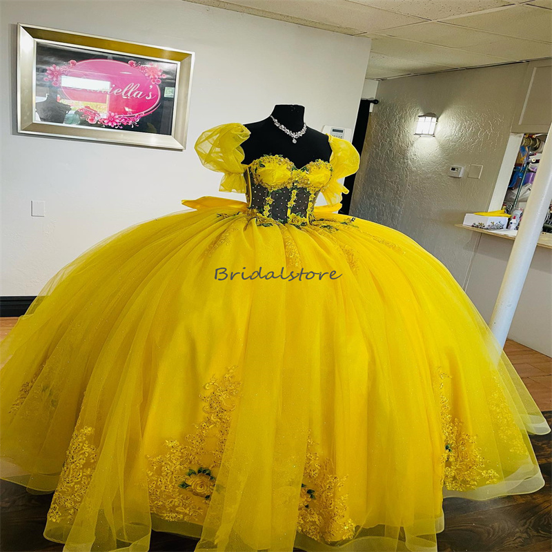 Uniques Yellow Quinceanera Dresses With 3D Flowers 2024 Vestidos De Xv 15 Anos Masquerade Fluffy Sweetheart Lace Birthday Party Vestido De Para Sweet 