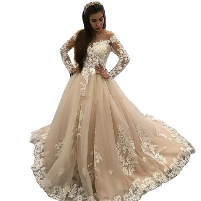 Elegant Champagne A e Wedding Dresses Lace Appliques Long Sleeves Country Bridal Gowns Court Train Garden Bride Dress 2024