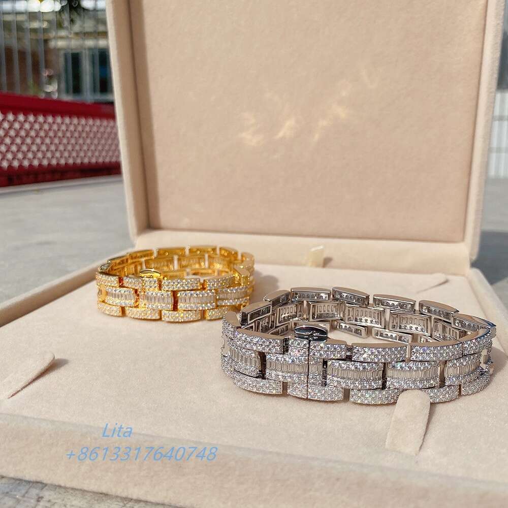 Luxury Jewelry Hip Hop Baguette Vvs Moissanite Watch Band Iced Out Men Cuban Link Bracelet Chain
