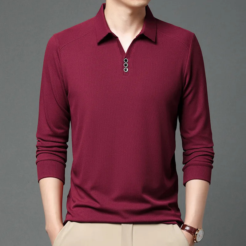 2023 Business Office Fashion PoloNeck Mens Shirt Autumn Winter Casual Allmatch Solid Color Long Sleeve Tshirt Male Clothes 240304