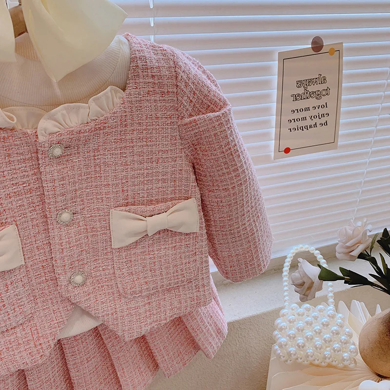 Toddler Girl Tweed Outfit Kids Winter Autumn Long Sleeves Princess Pink Skirt Sets Bow Jacket Skirt Suit Birthday Party Clothes 240227