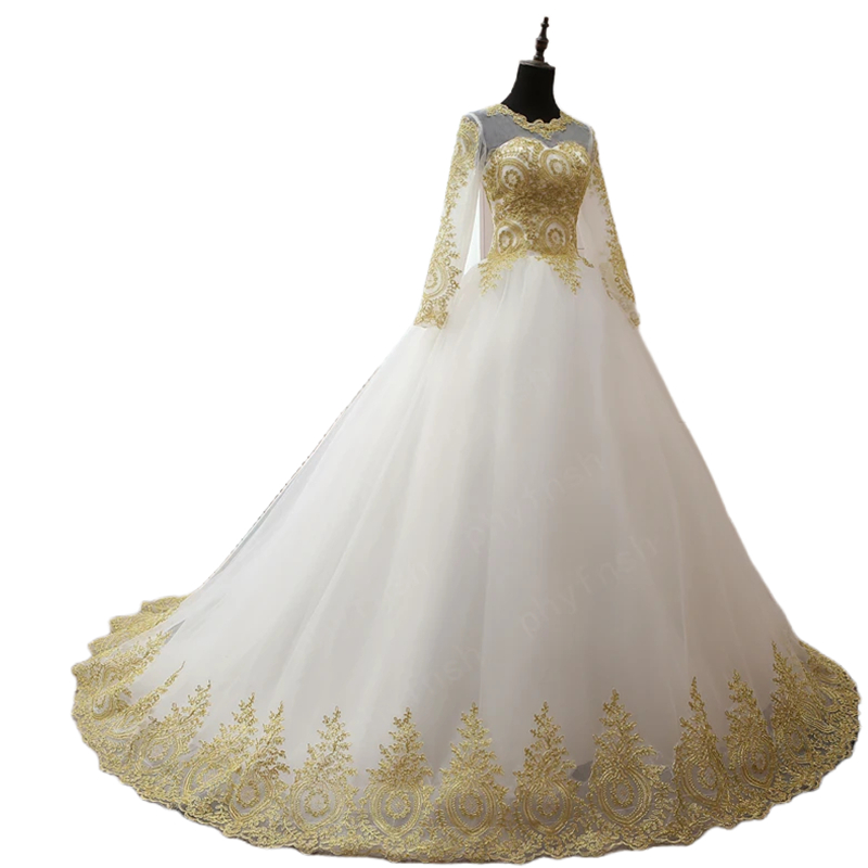 Classic Arabic Dubai Ivory Ball Gown Wedding Dresses With Golden Lace Appliques Jewel Neck Long Sleeves Tulle Bridal Dress Court Train Back Lace-Up