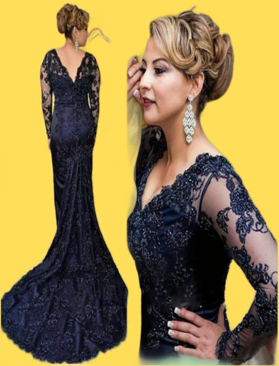Navy Blue Lace MOTHER of the Bride Dresses New Elegant VNeck Long Sleeve Mermaid MOTHER of the Groom Wedding Guest Gowns M63