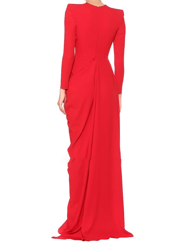 Women's Elegant Evening Formal Dress 2024 O-neck Long Sleeve Broad Shoulder Ruched Split Chiffon Prom Party Gowns Robe De Soiree