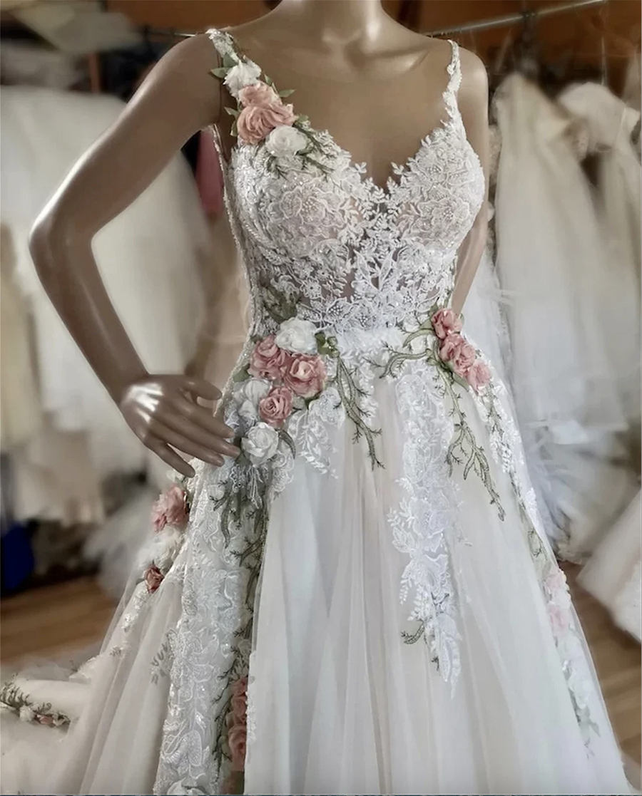 3D ral Applique Sleeveless V-neck Tulle a-e Dresses for Women Bridal Wedding Gowns Formal Ocn