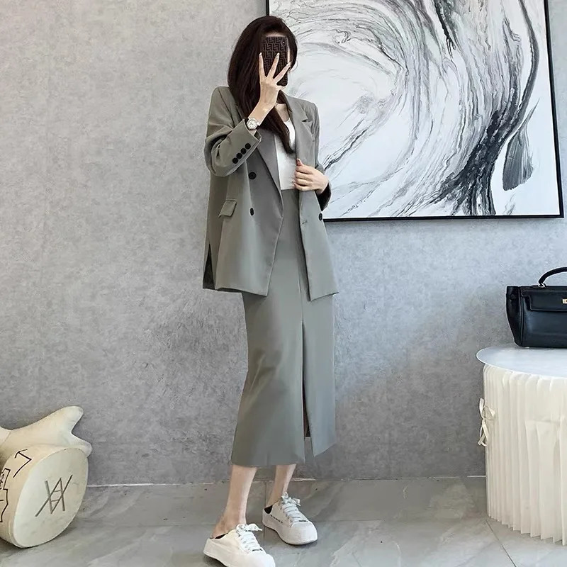 Spring and Autumn Solid Color Skirt Suit Female Longsleeved Doublebreasted Blazer High Waist Open Pencil 240226wtt