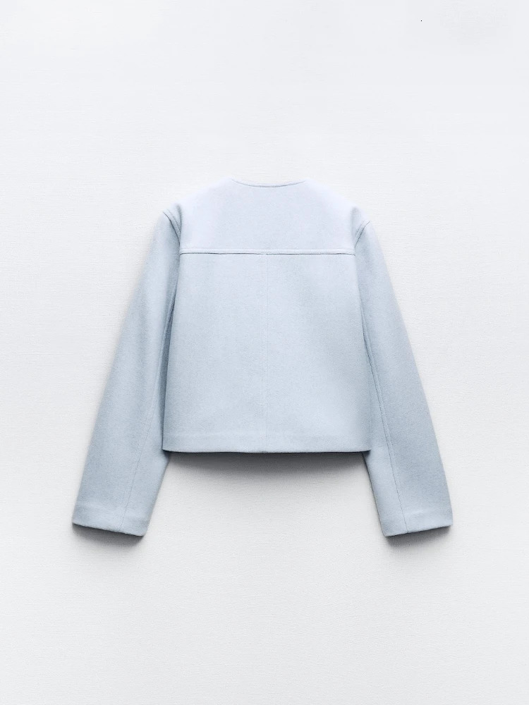 RR3115 Fashion Tweed Jacket Women Autumn Winter Long Sleeve Single Breasted Cropped Coat Female Solid Oneck Pocket Outwear Top 240307