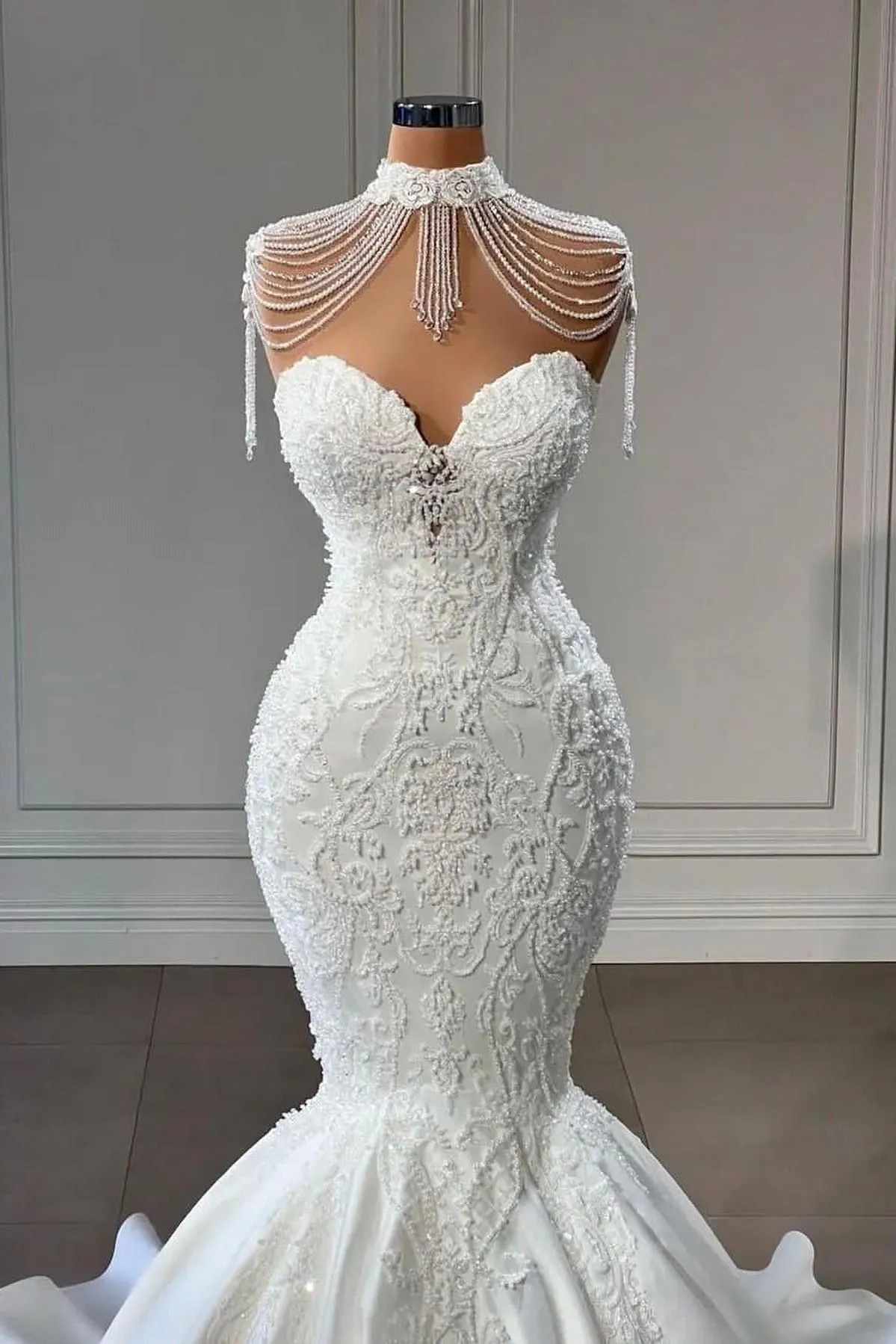 Elegant Sweetheart Lace Mermaid Wedding Dresses Embroidery Beaded Sweep Train Arabic Bridal Gowns BC 6660306