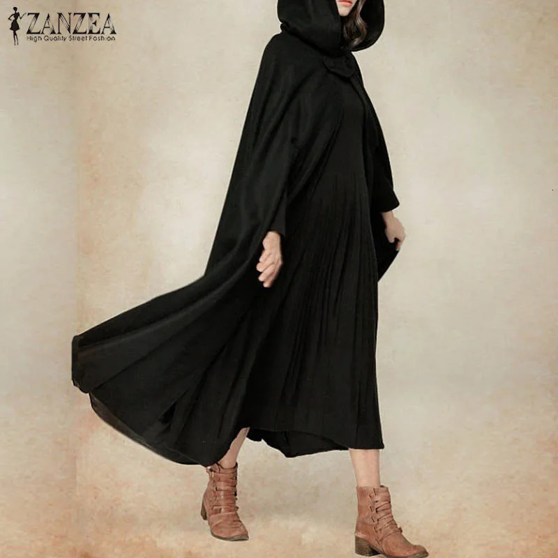 Stylish Long Cape Cloak ZANZEA Women Hooded Wool Blend Cloak Coat Autumn Hoodies Poncho Warm Cosplay Jackets Outwear Windbreaker 240309