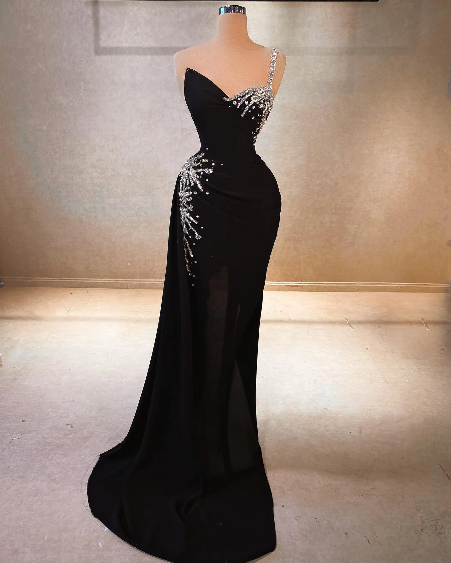 One Shoulder Black Prom Dresses Mermaid Satin Formal Evening Gowns Woman Bridal Party Dress Robe De Soiree