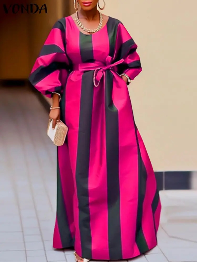VONDA Bohemian Stripe Long Dres Casual Printed Maxi Sundress 2024 Autumn Lantern Sleeve Loose Belted Party Vestidos 240308