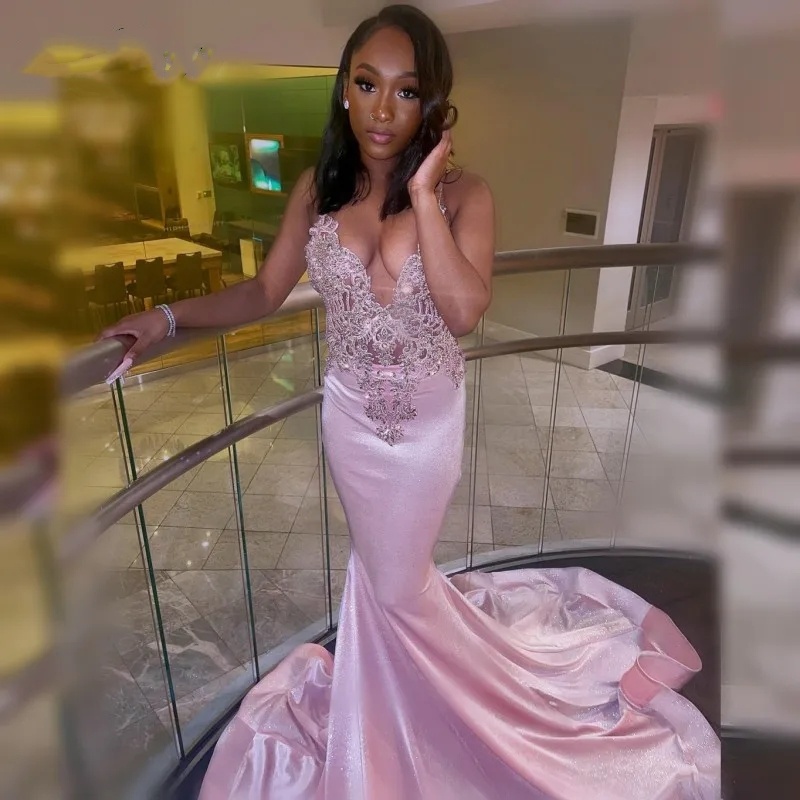 Pink Prom for Elegant Black Girls Beading Mermaid Gowns Satin African Women Party Dress Vestidos De Gala
