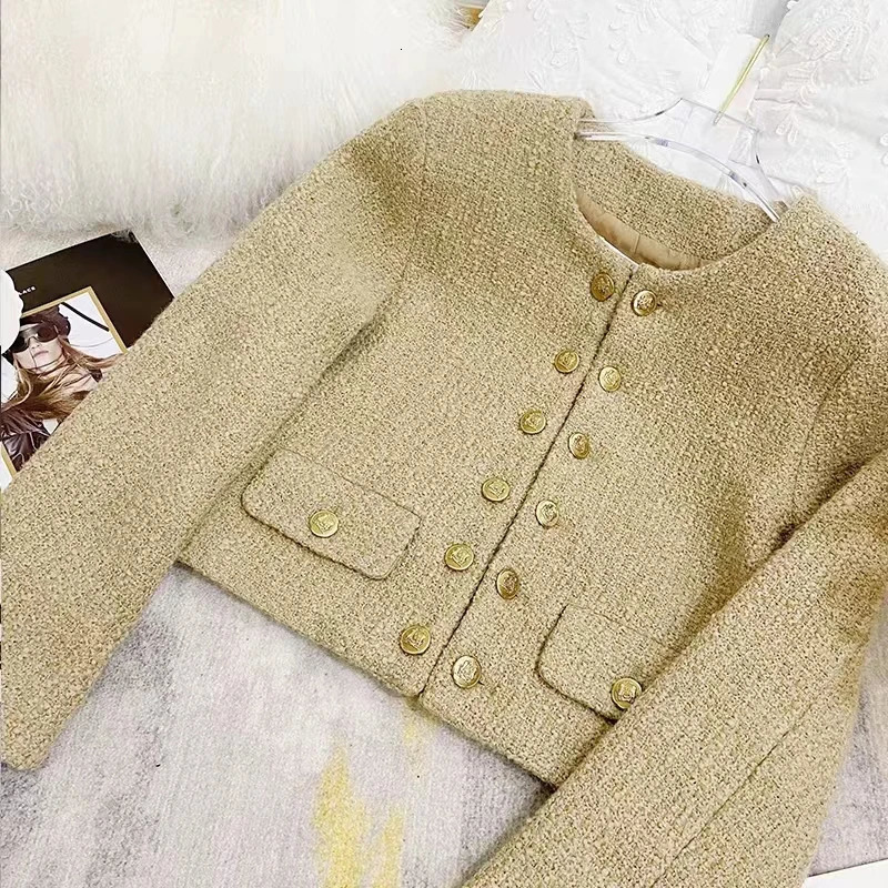 Womens DoubleButton Wool Tweed Jacket Short Temperament Small Fragrance Vintage Autumn and Winter 240226