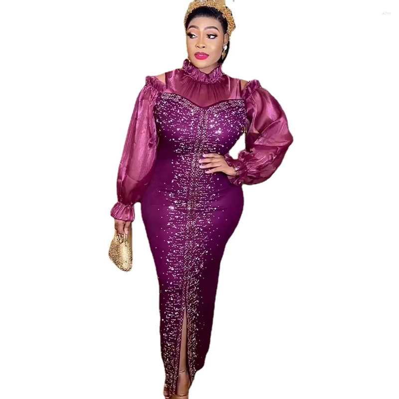 Casual Dresses 2024 African Womens Wear Slim Stretch Rhinestone Dress Gown Stand Collar Off-the-Shoulder Puff Sleeves Floor Length