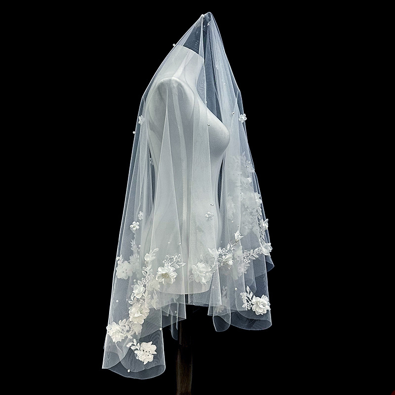 Bridal Veil Lace Edge Women's Short Veil With Comb 3D Flowers Bridal Veil For The Church Veu