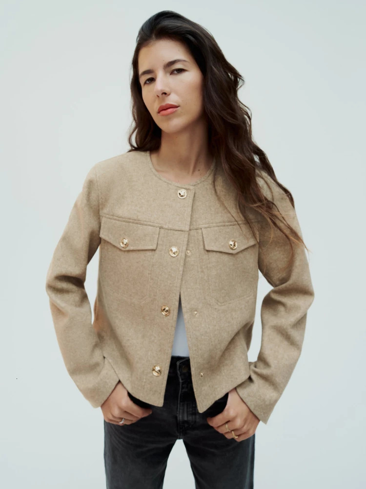 RR3115 Fashion Tweed Jacket Women Autumn Winter Long Sleeve Single Breasted Cropped Coat Female Solid Oneck Pocket Outwear Top 240307