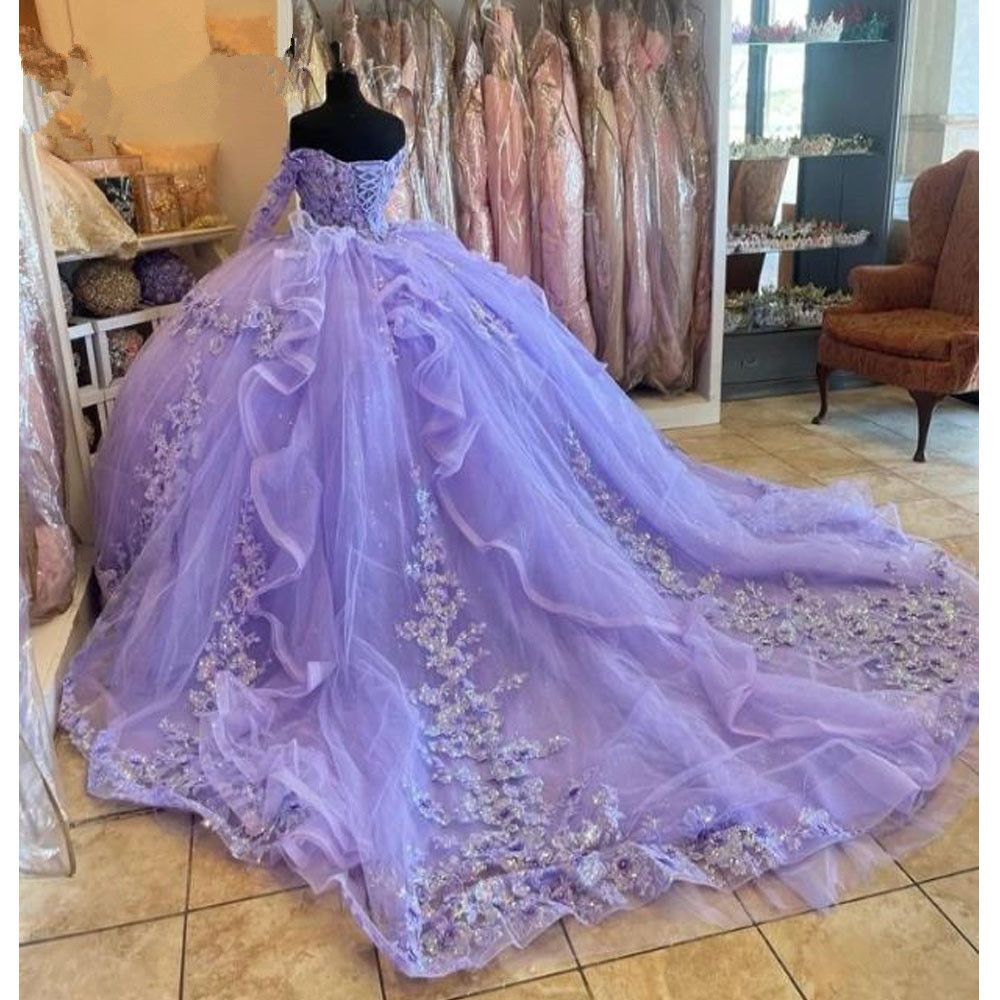 2024 Lilac Lavender Quinceanera Dresses Off Shoulder Long Sleeves Lace Appliques Crystal Beads Tulle Ruffles Ball Gown Guest Dress Evening Prom Gowns 